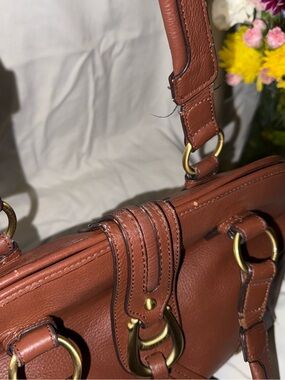 Vintage Etienne Aigner Cognac Pebbled Leather Satchel Brass Hardware